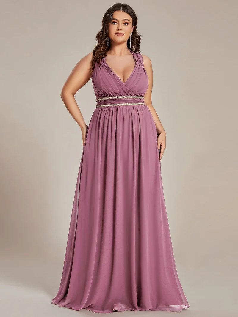 Robe de Soirée A-ligne en Mousseline de Soie avec Ceinture Perlée et Col en V de Grande Taille(Vente finale)