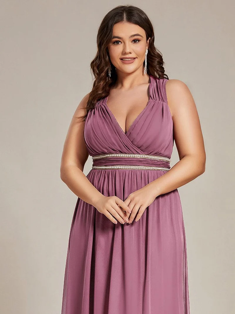 Robe de Soirée A-ligne en Mousseline de Soie avec Ceinture Perlée et Col en V de Grande Taille(Vente finale)