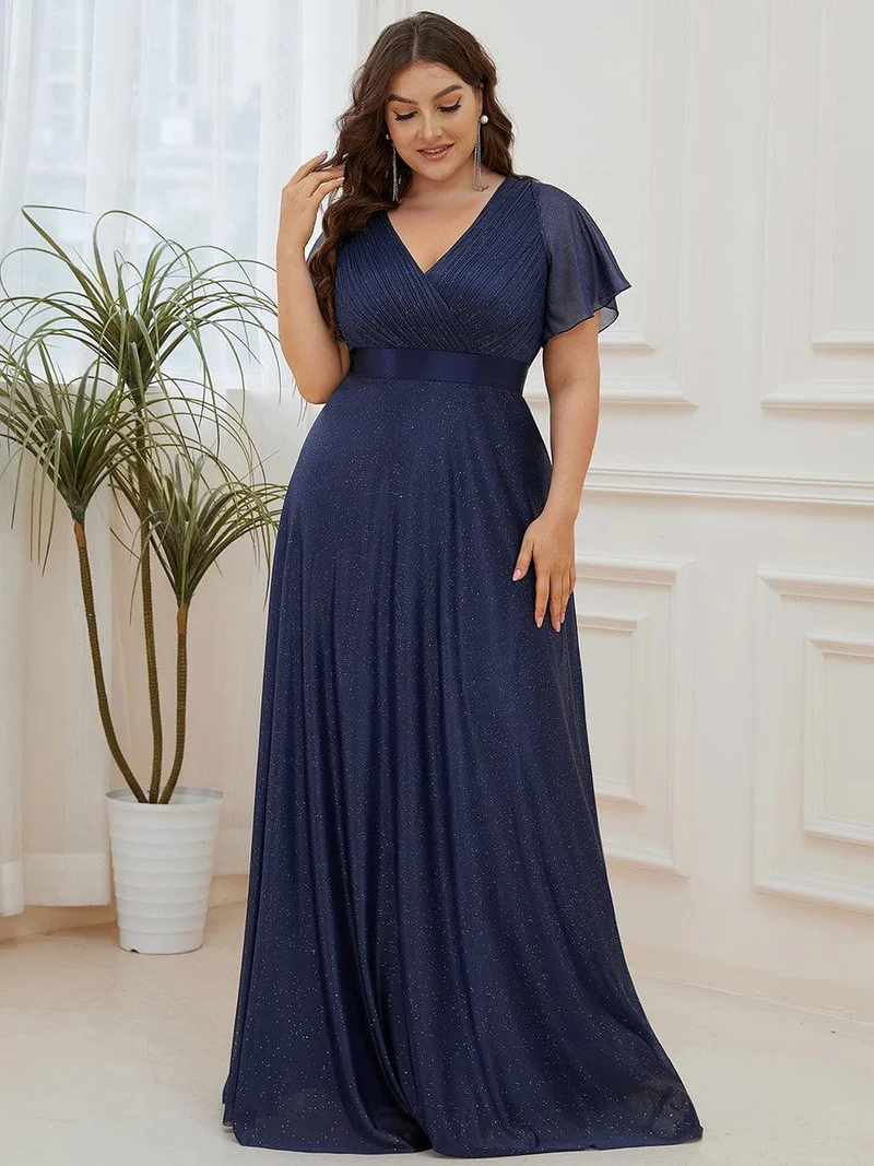 pretty LIORÉ|Robe de soirée grande taille manches courtes et col en V
