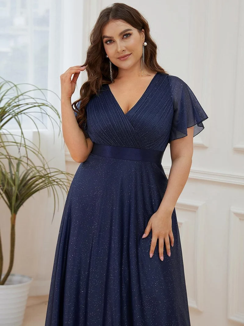 pretty LIORÉ|Robe de soirée grande taille manches courtes et col en V