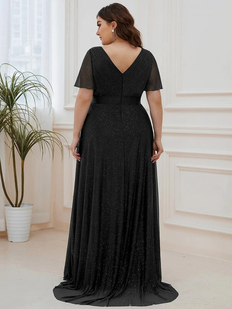 pretty LIORÉ|Robe de soirée grande taille manches courtes et col en V