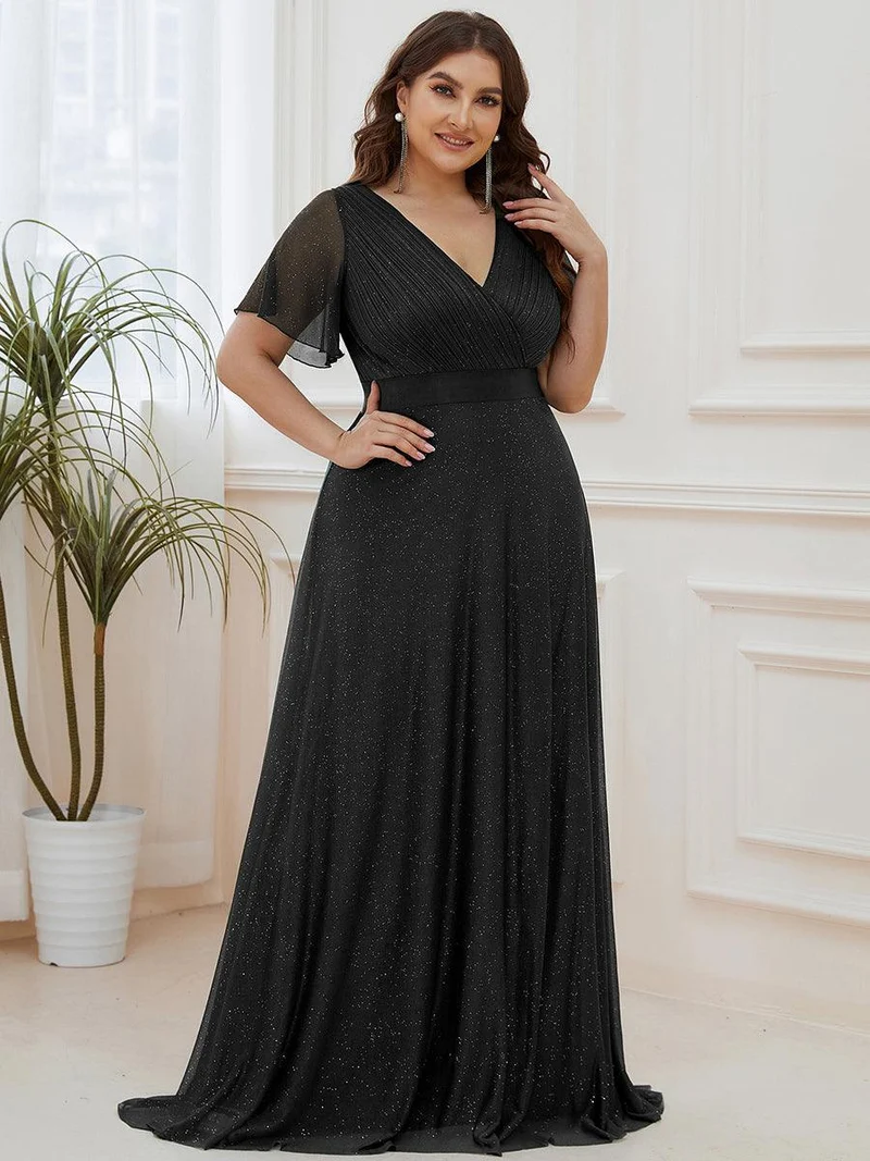 pretty LIORÉ|Robe de soirée grande taille manches courtes et col en V
