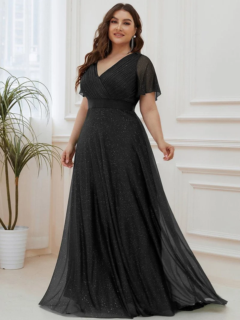 pretty LIORÉ|Robe de soirée grande taille manches courtes et col en V