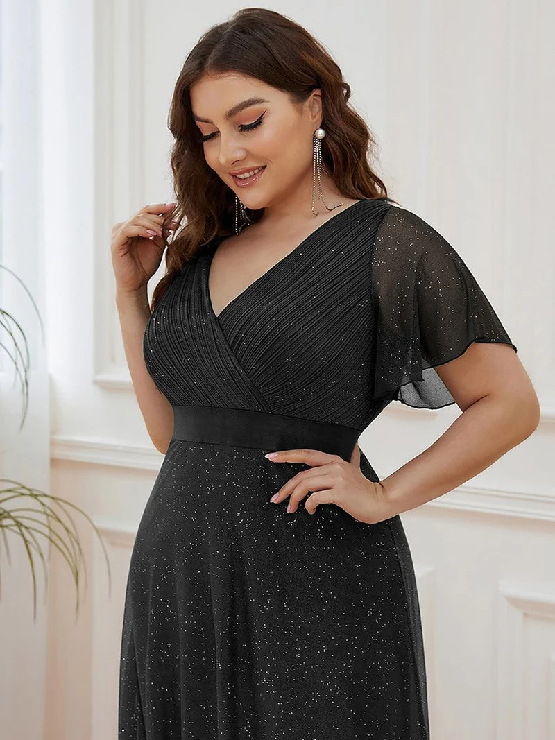 pretty LIORÉ|Robe de soirée grande taille manches courtes et col en V