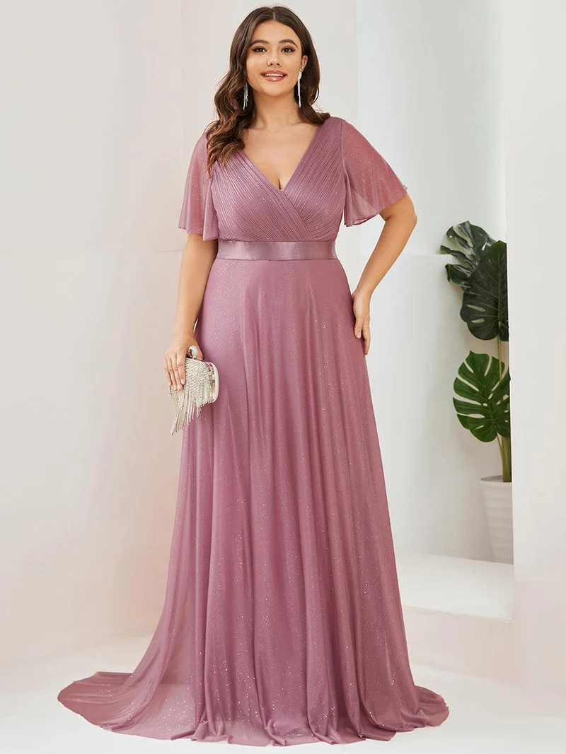 pretty LIORÉ|Robe de soirée grande taille manches courtes et col en V