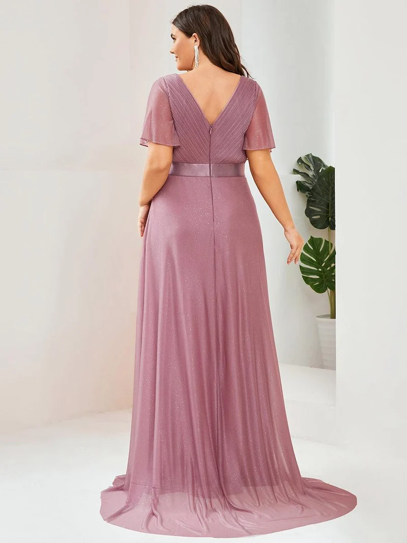pretty LIORÉ|Robe de soirée grande taille manches courtes et col en V