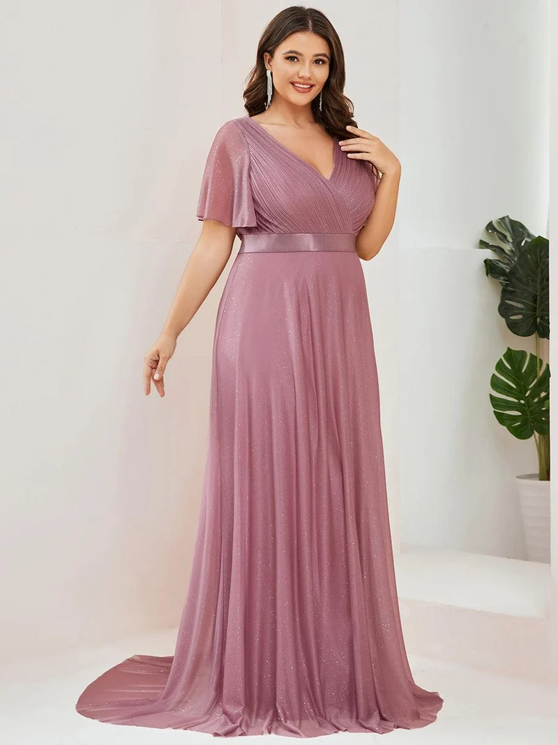 pretty LIORÉ|Robe de soirée grande taille manches courtes et col en V