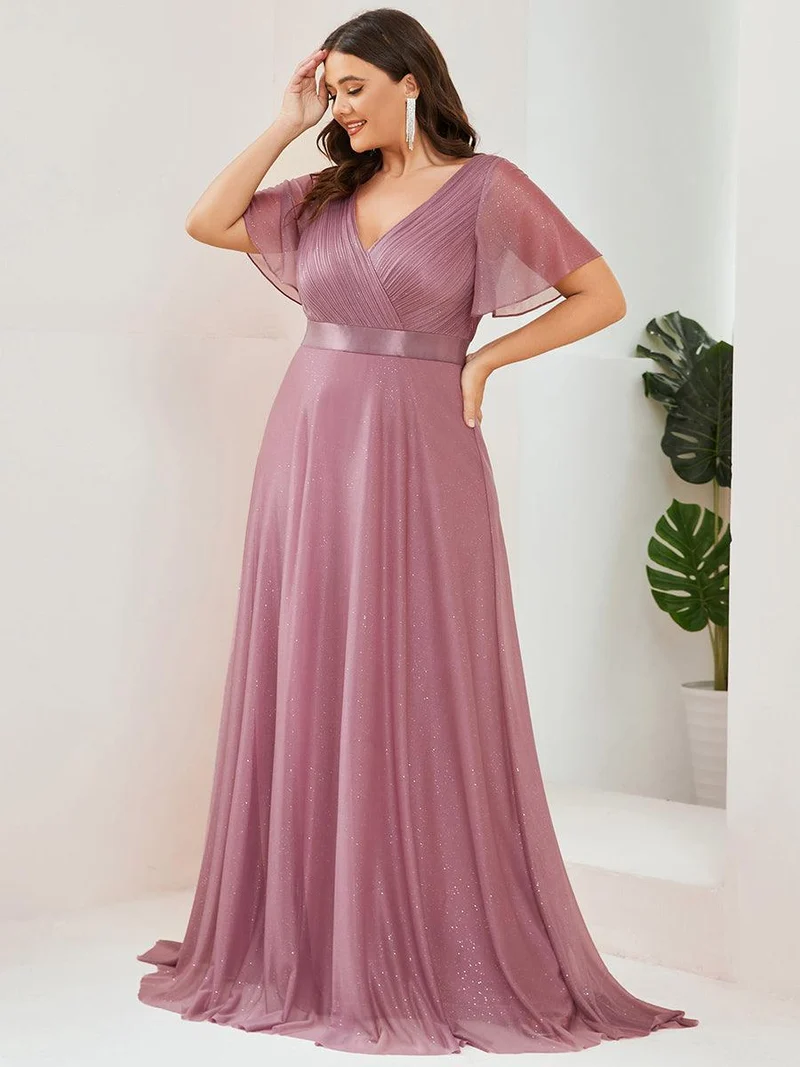 pretty LIORÉ|Robe de soirée grande taille manches courtes et col en V