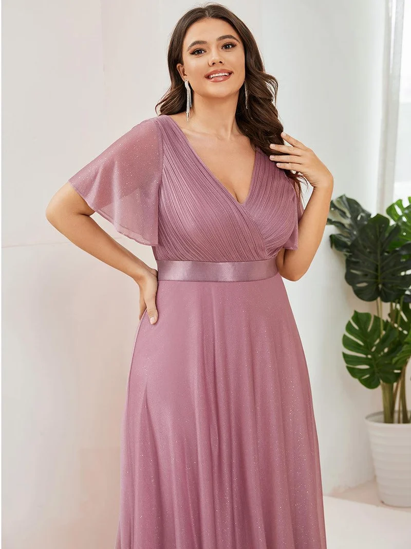 pretty LIORÉ|Robe de soirée grande taille manches courtes et col en V