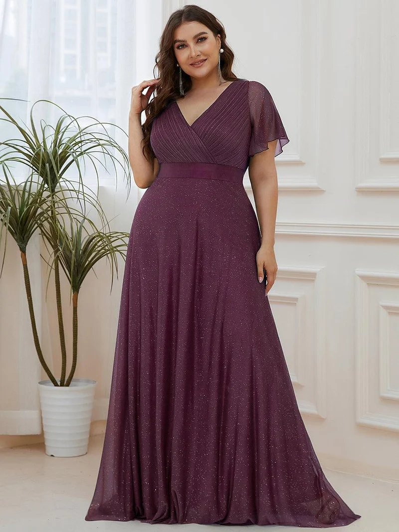 pretty LIORÉ|Robe de soirée grande taille manches courtes et col en V