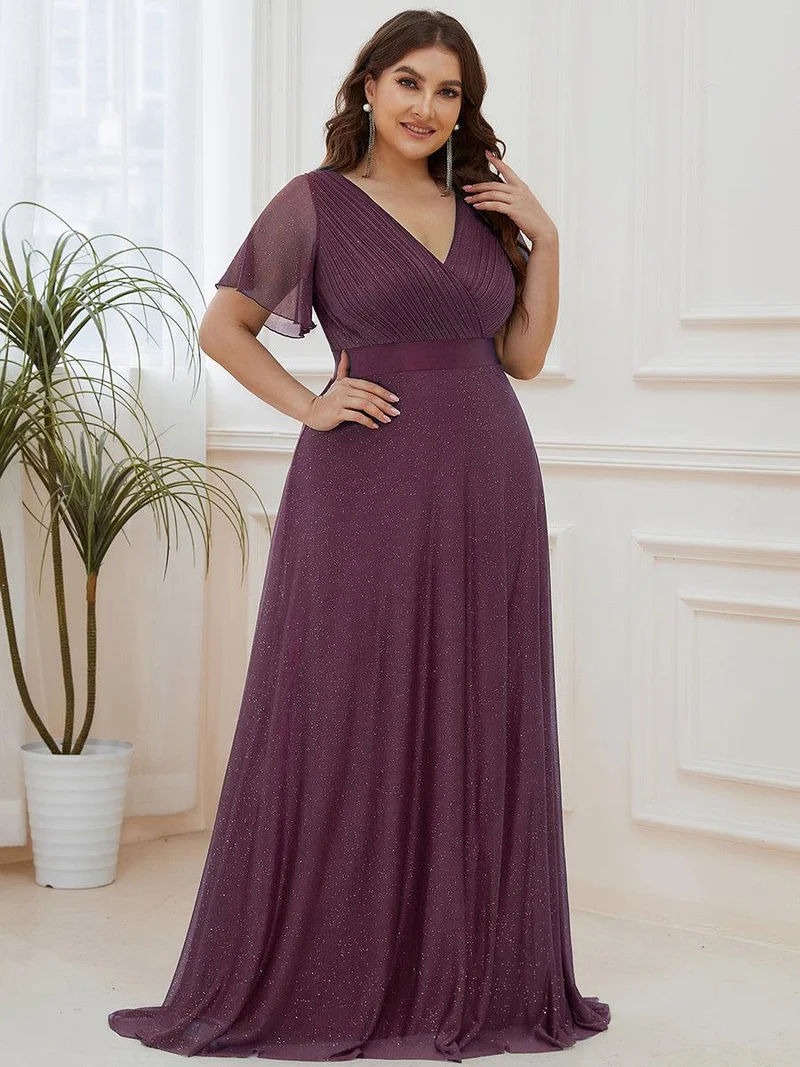 pretty LIORÉ|Robe de soirée grande taille manches courtes et col en V