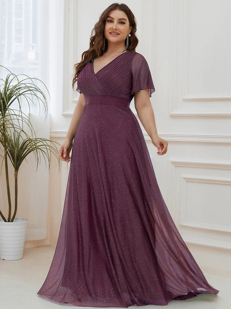 pretty LIORÉ|Robe de soirée grande taille manches courtes et col en V
