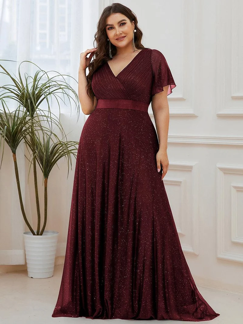 pretty LIORÉ|Robe de soirée grande taille manches courtes et col en V