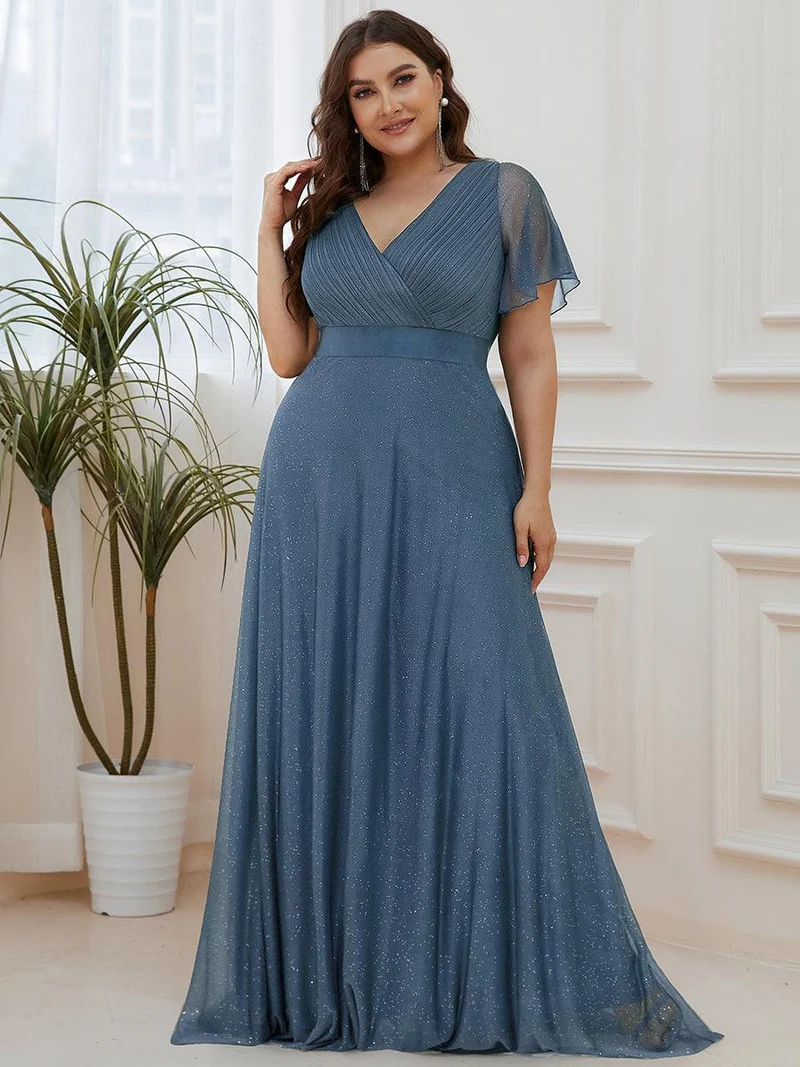 pretty LIORÉ|Robe de soirée grande taille manches courtes et col en V