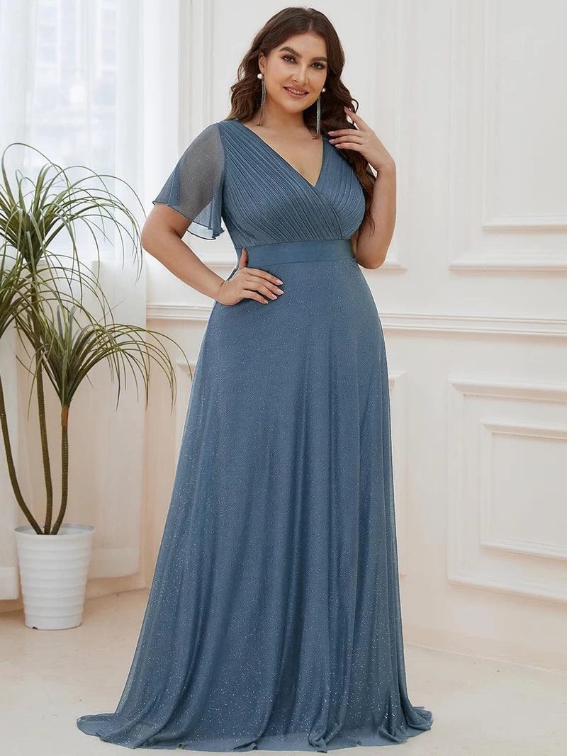pretty LIORÉ|Robe de soirée grande taille manches courtes et col en V