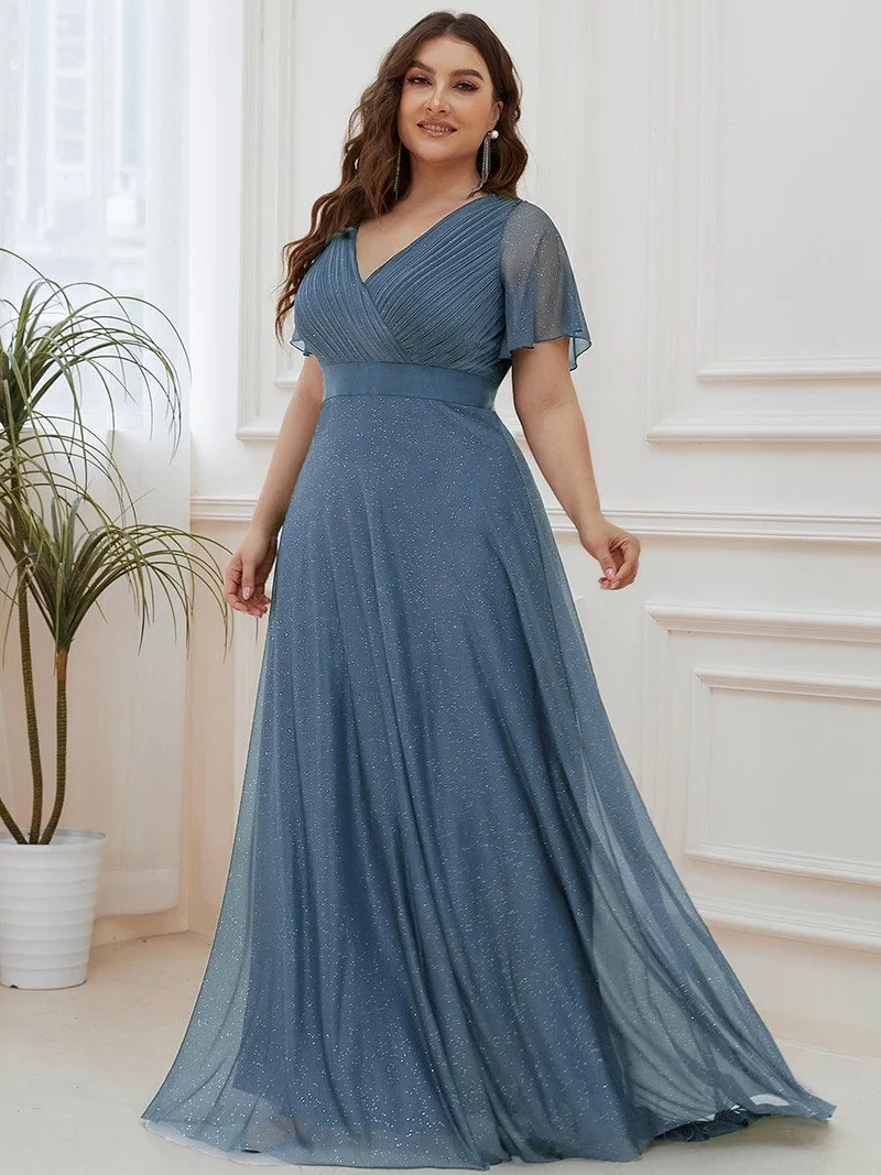 pretty LIORÉ|Robe de soirée grande taille manches courtes et col en V
