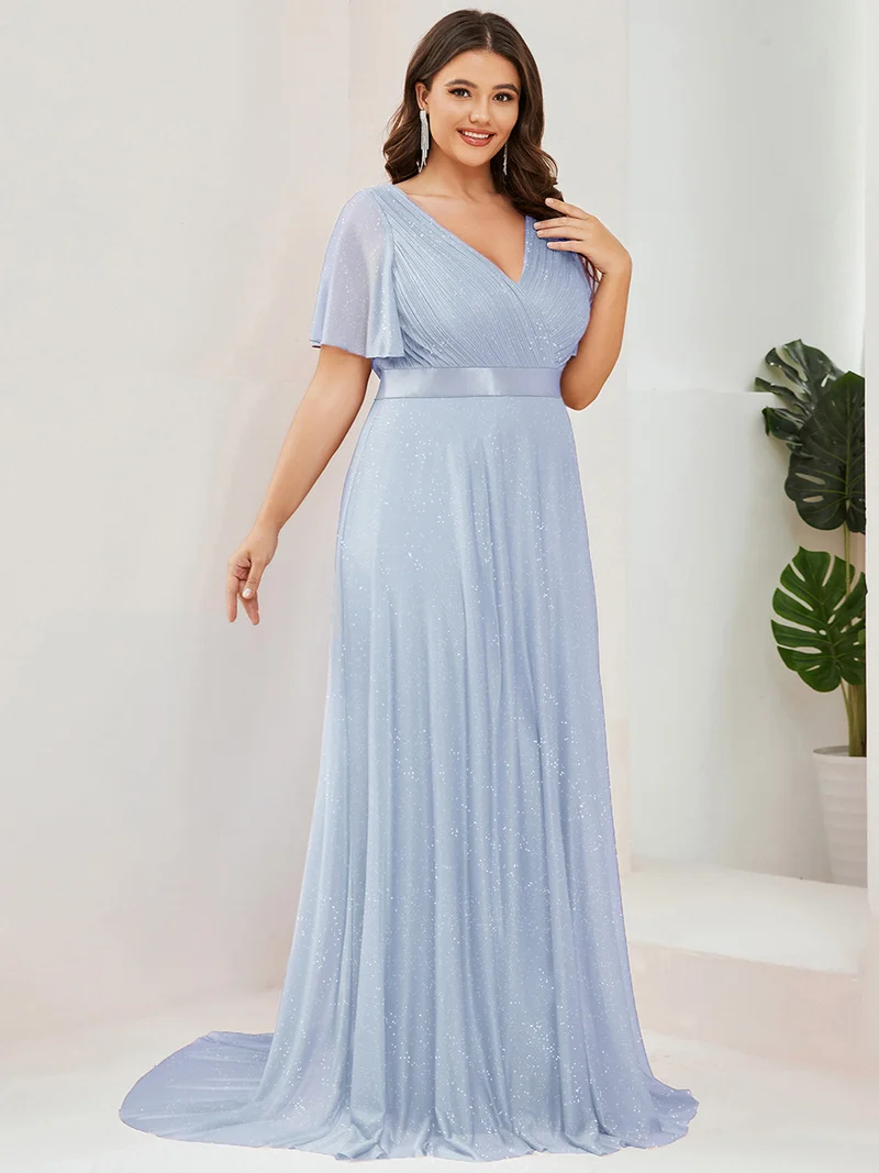 pretty LIORÉ|Robe de soirée grande taille manches courtes et col en V