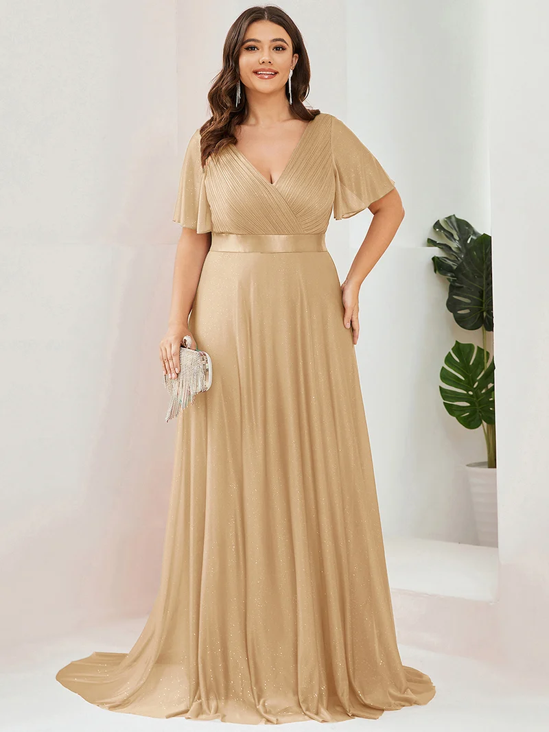 pretty LIORÉ|Robe de soirée grande taille manches courtes et col en V