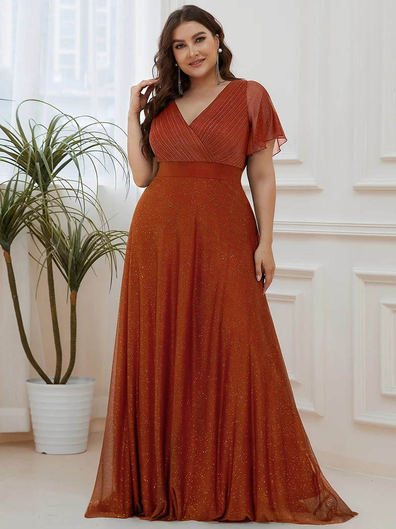 pretty LIORÉ|Robe de soirée grande taille manches courtes et col en V