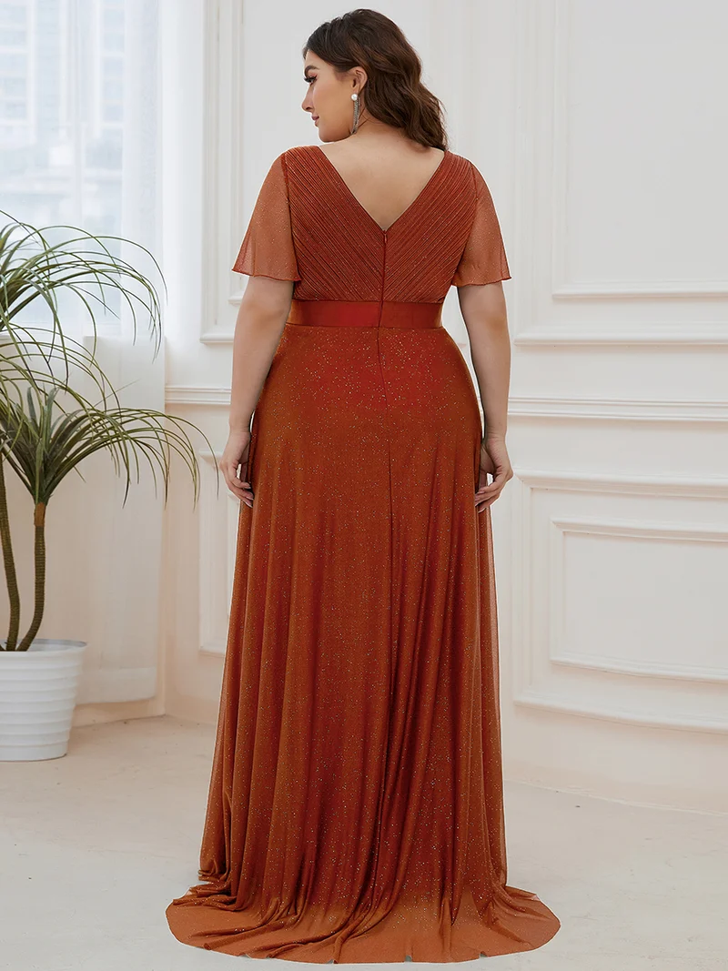 pretty LIORÉ|Robe de soirée grande taille manches courtes et col en V
