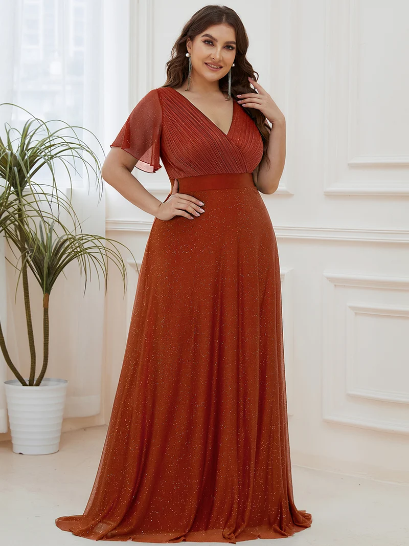 pretty LIORÉ|Robe de soirée grande taille manches courtes et col en V
