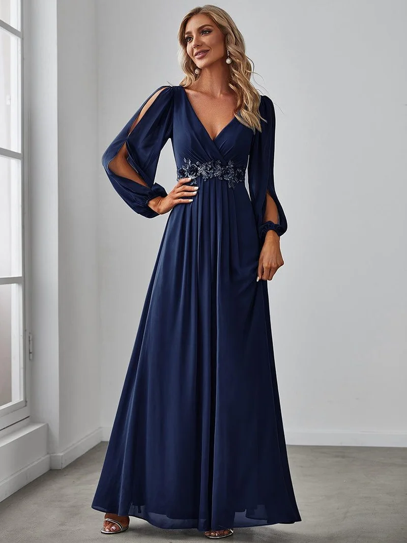 ever AMOUR|Robe de Soiree Longue Elegante Avec Lanterne en V Profond a Manches Fendues et Appliques