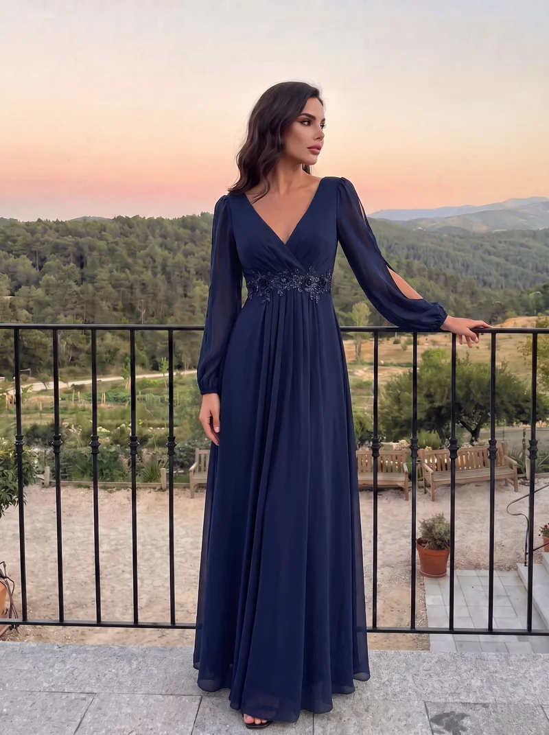 ever AMOUR|Robe de Soiree Longue Elegante Avec Lanterne en V Profond a Manches Fendues et Appliques