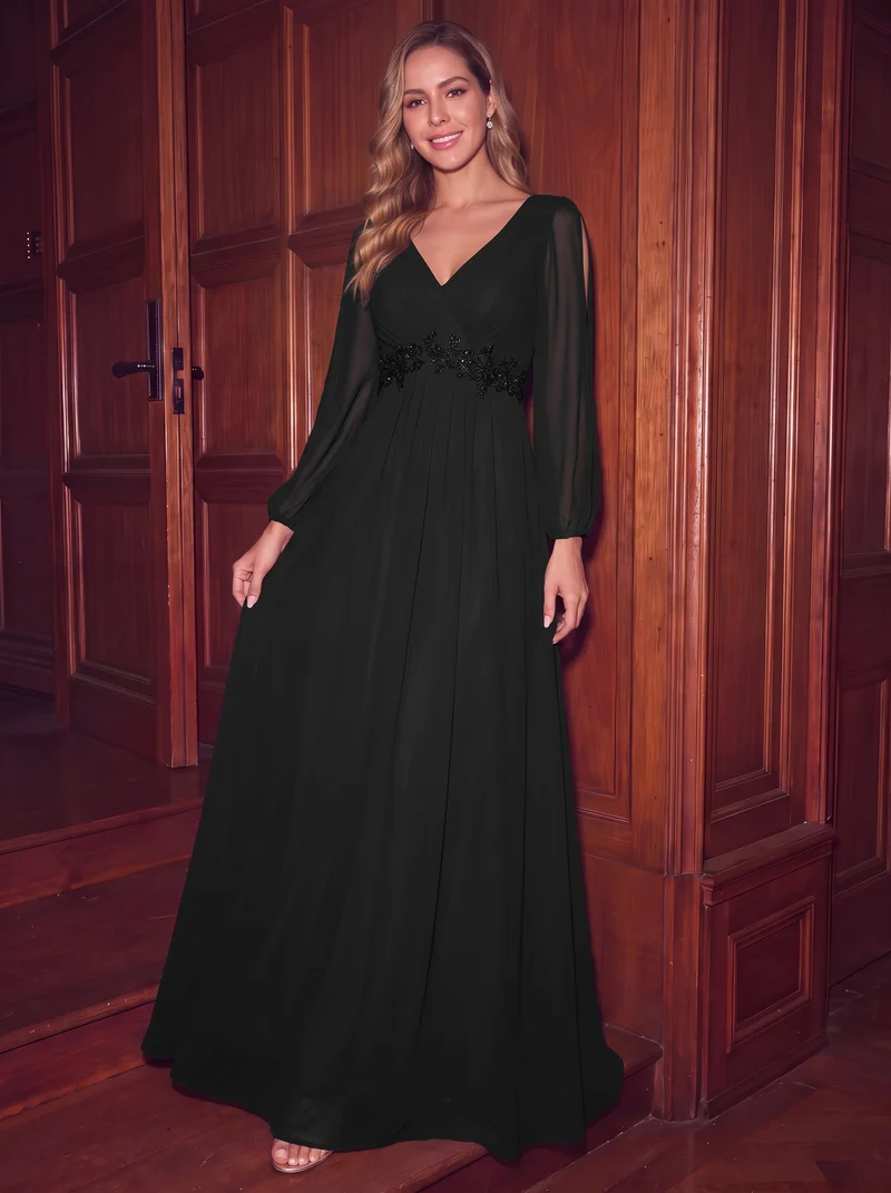 ever AMOUR|Robe de Soiree Longue Elegante Avec Lanterne en V Profond a Manches Fendues et Appliques