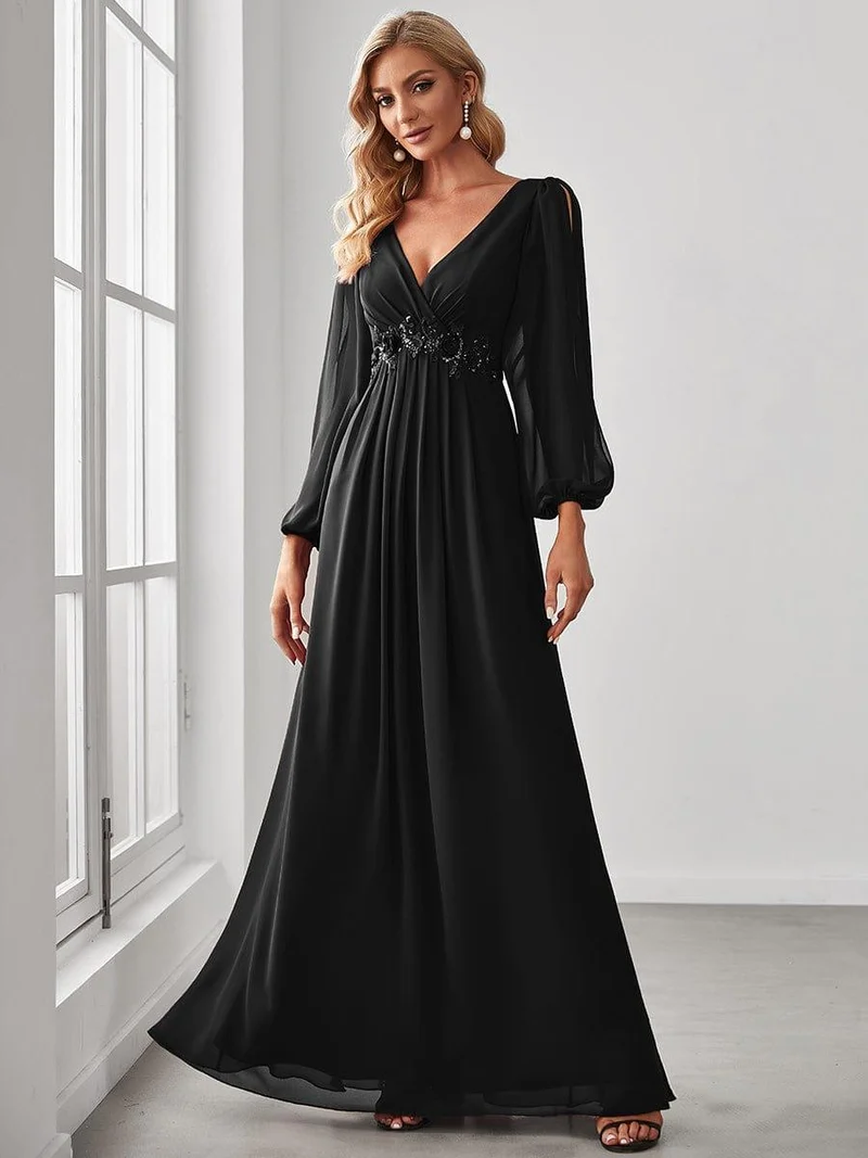 ever AMOUR|Robe de Soiree Longue Elegante Avec Lanterne en V Profond a Manches Fendues et Appliques