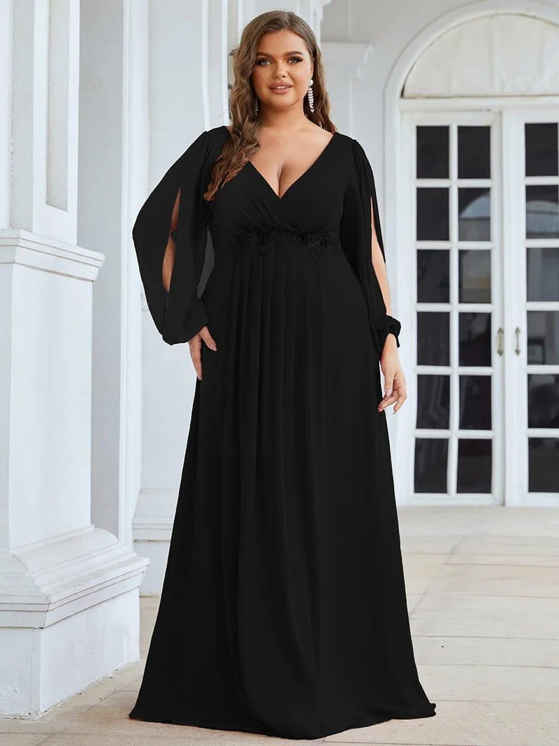 ever AMOUR|Robe de Soiree Longue Elegante Avec Lanterne en V Profond a Manches Fendues et Appliques