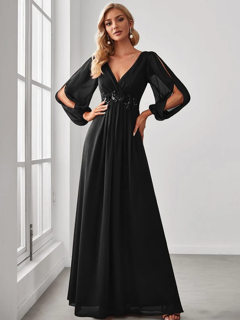 ever AMOUR|Robe de Soiree Longue Elegante Avec Lanterne en V Profond a Manches Fendues et Appliques