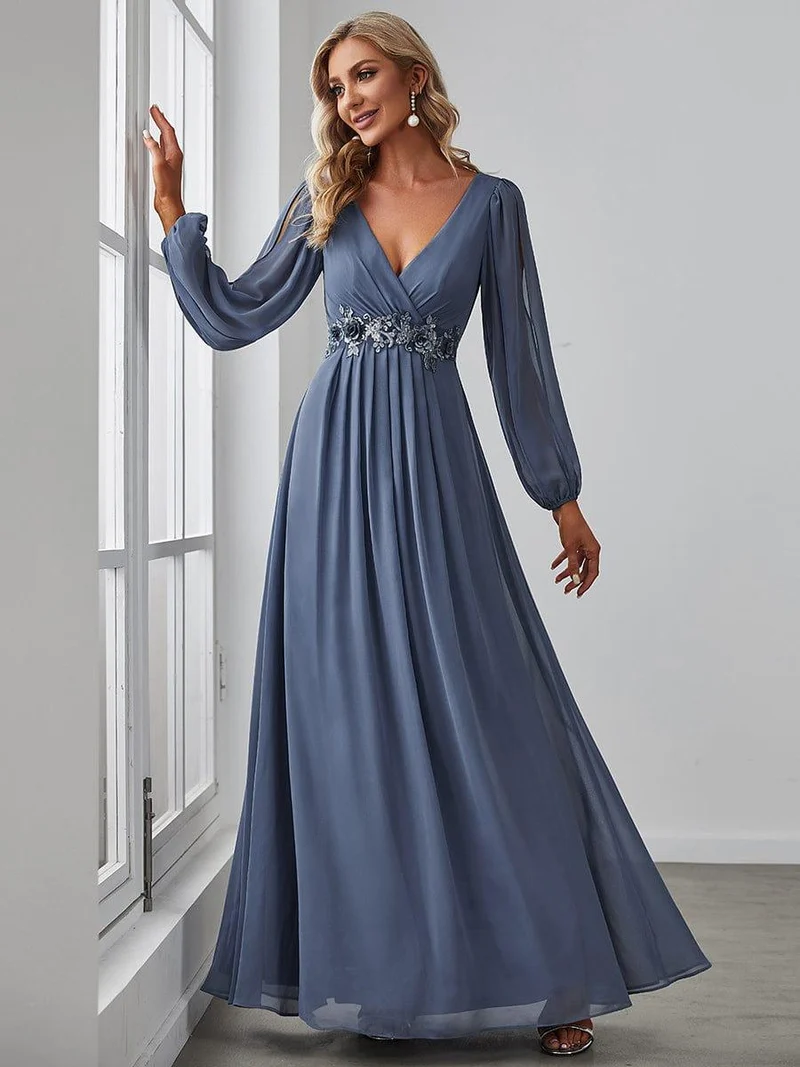 ever AMOUR|Robe de Soiree Longue Elegante Avec Lanterne en V Profond a Manches Fendues et Appliques
