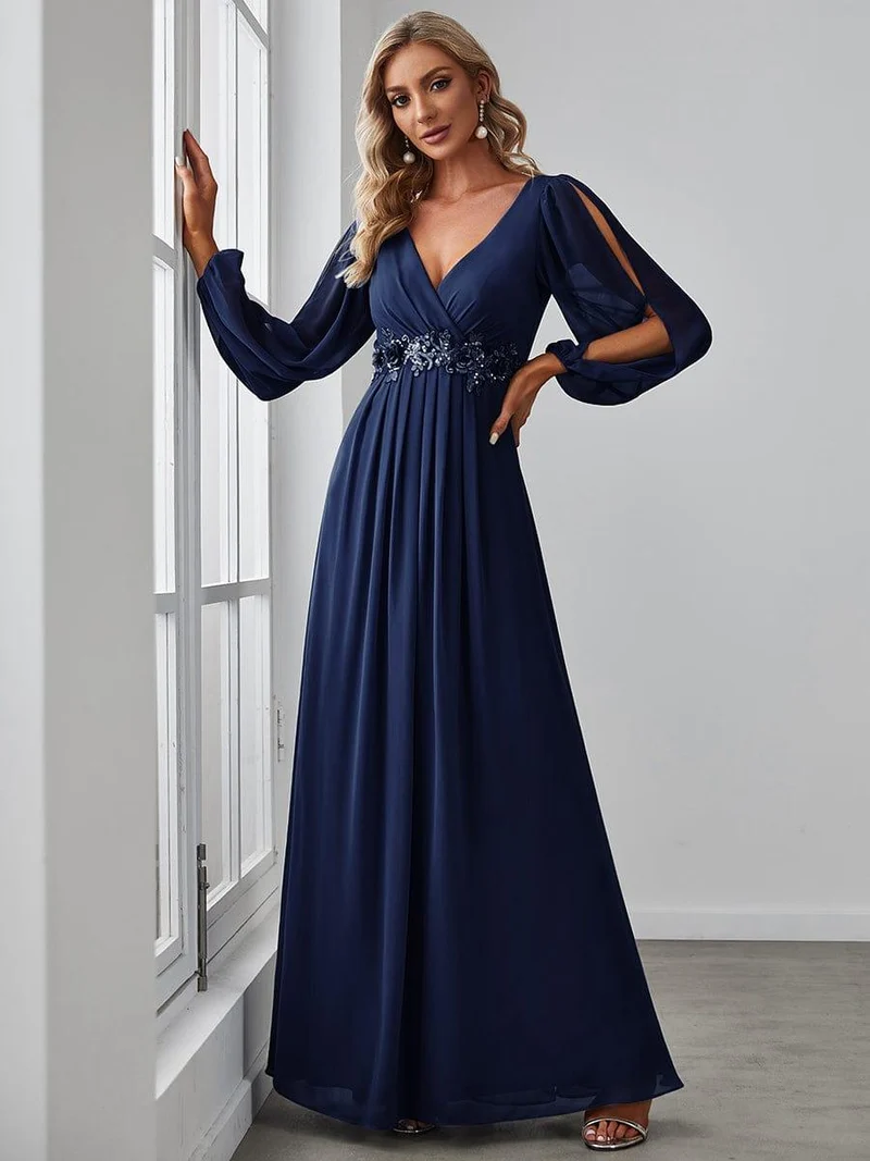 ever AMOUR|Robe de Soiree Longue Elegante Avec Lanterne en V Profond a Manches Fendues et Appliques