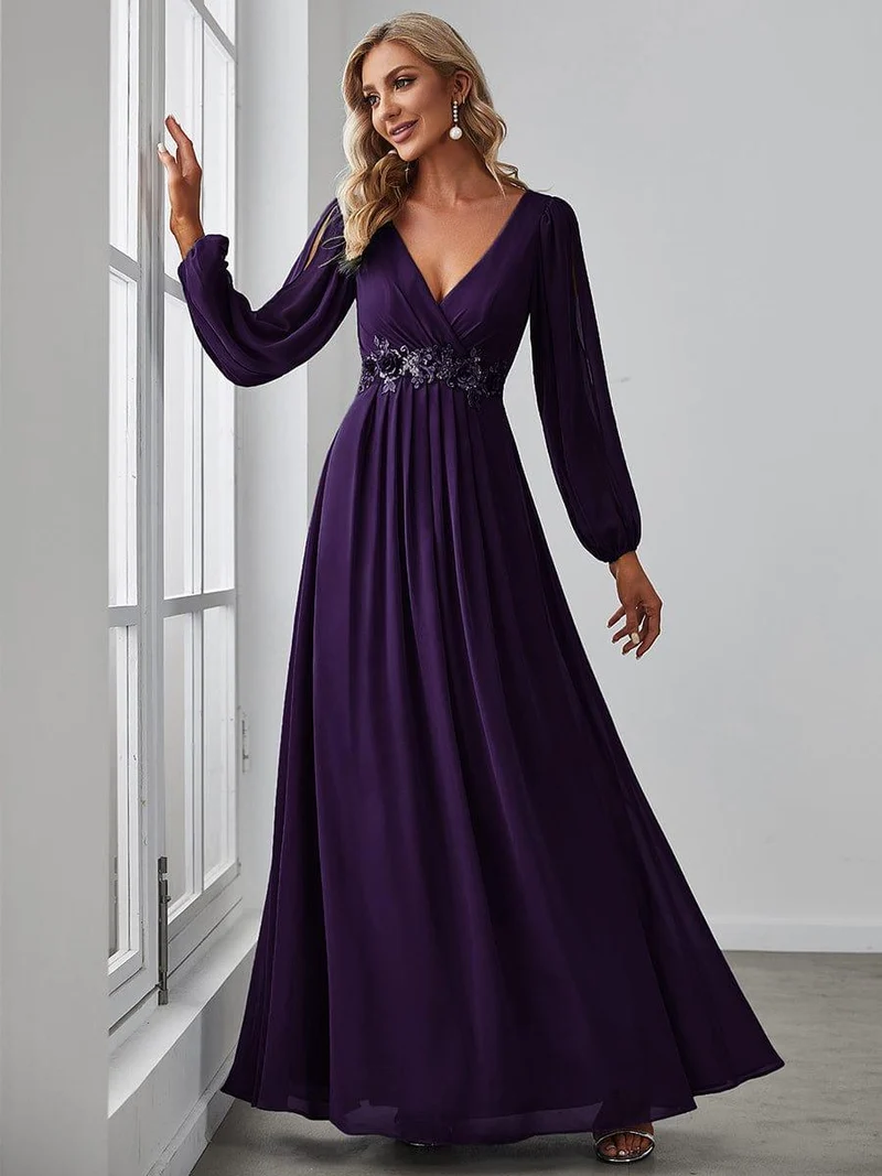 ever AMOUR|Robe de Soiree Longue Elegante Avec Lanterne en V Profond a Manches Fendues et Appliques
