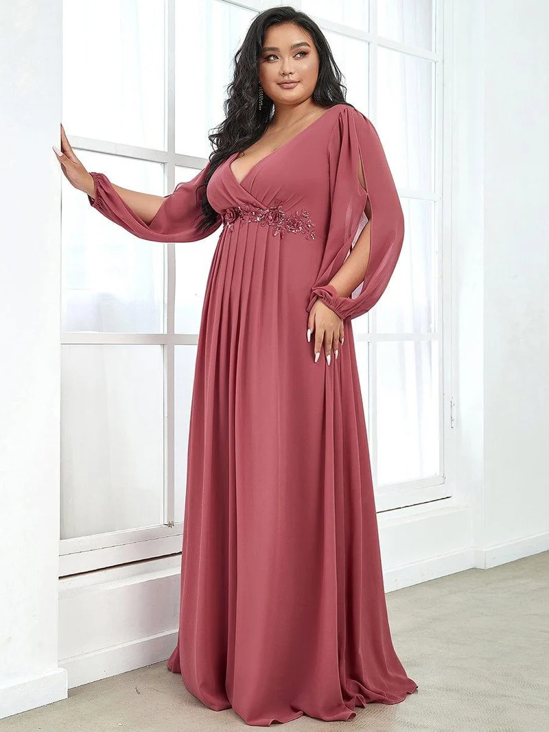 ever AMOUR|Robe de Soiree Longue Elegante Avec Lanterne en V Profond a Manches Fendues et Appliques