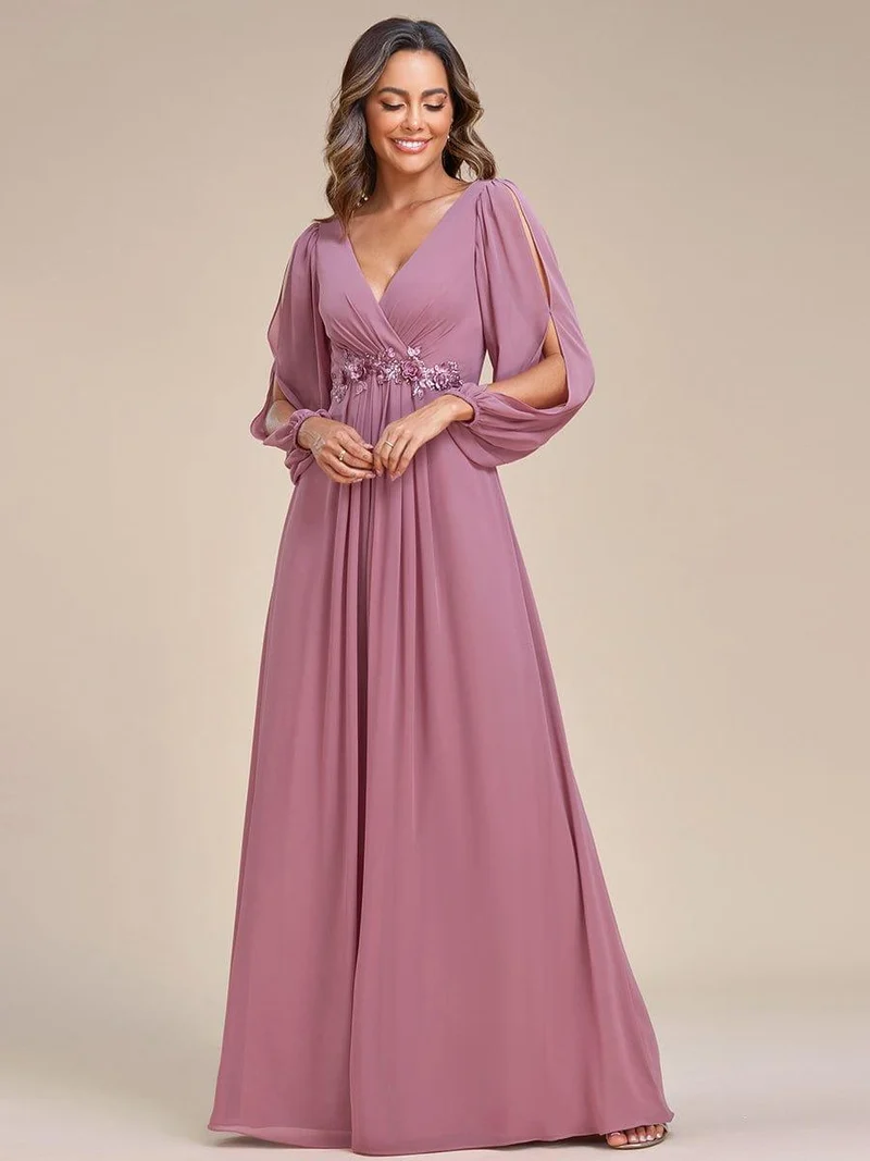 ever AMOUR|Robe de Soiree Longue Elegante Avec Lanterne en V Profond a Manches Fendues et Appliques