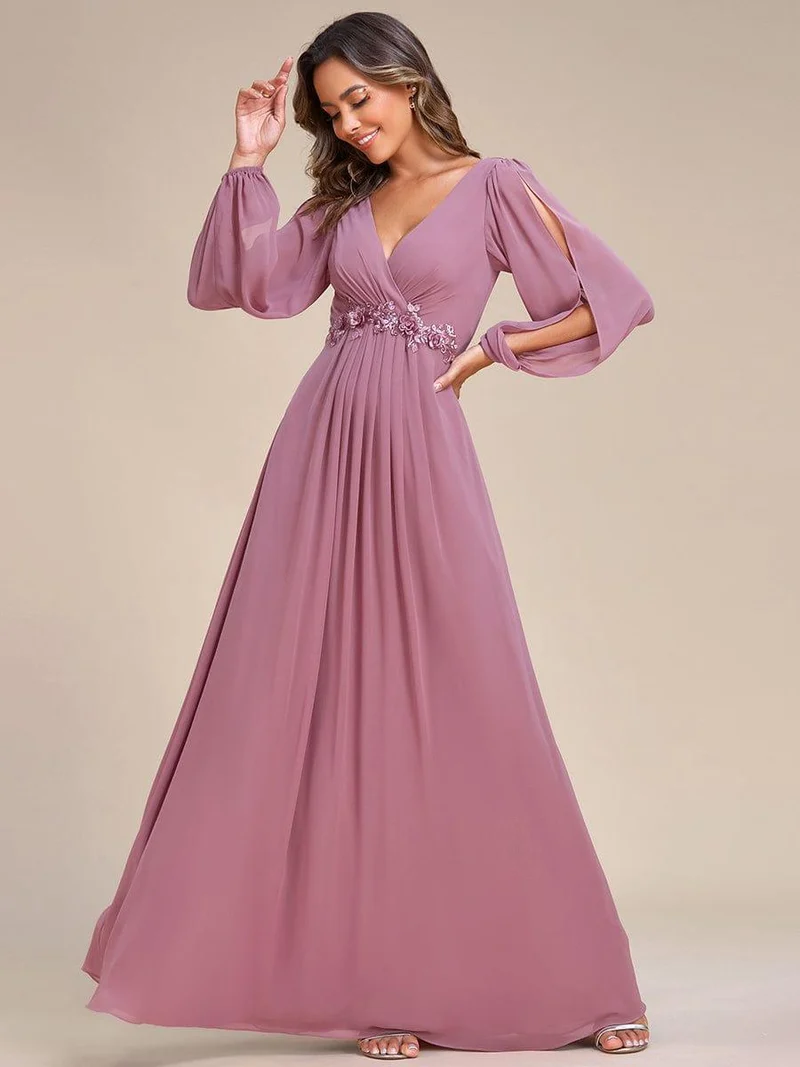 ever AMOUR|Robe de Soiree Longue Elegante Avec Lanterne en V Profond a Manches Fendues et Appliques