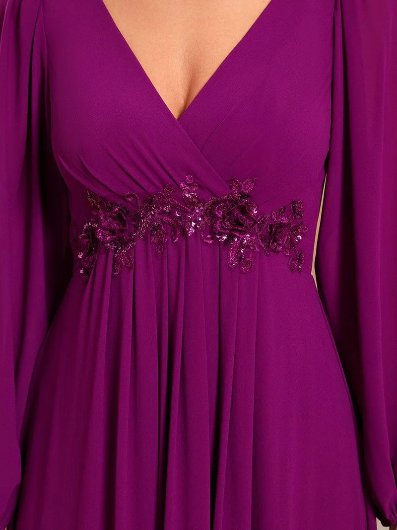 ever AMOUR|Robe de Soiree Longue Elegante Avec Lanterne en V Profond a Manches Fendues et Appliques