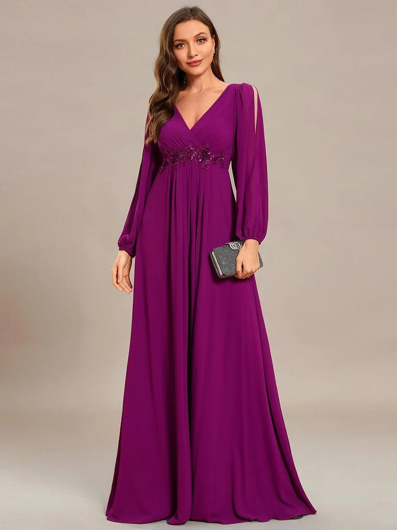 ever AMOUR|Robe de Soiree Longue Elegante Avec Lanterne en V Profond a Manches Fendues et Appliques