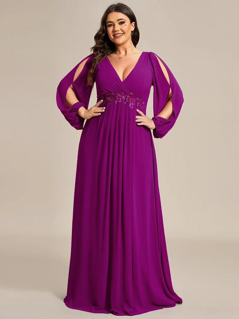 ever AMOUR|Robe de Soiree Longue Elegante Avec Lanterne en V Profond a Manches Fendues et Appliques