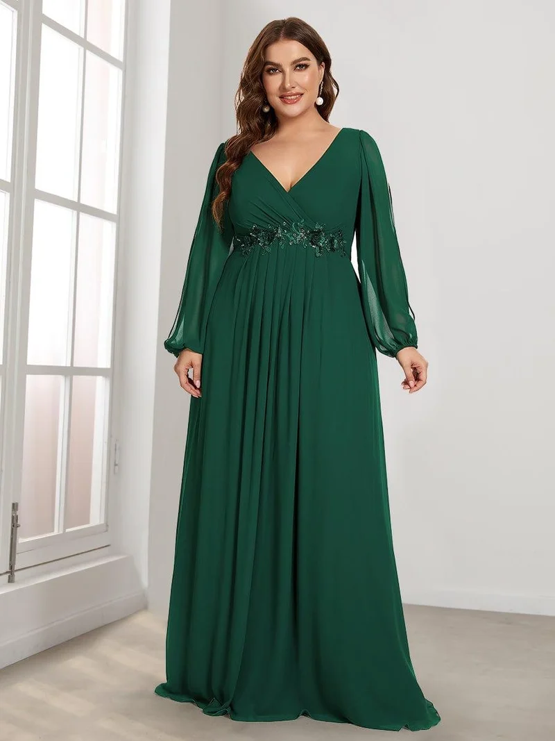 ever AMOUR|Robe de Soiree Longue Elegante Avec Lanterne en V Profond a Manches Fendues et Appliques
