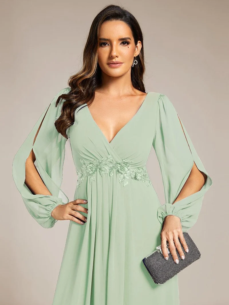 ever AMOUR|Robe de Soiree Longue Elegante Avec Lanterne en V Profond a Manches Fendues et Appliques