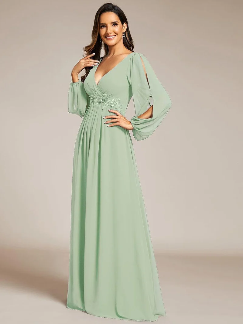 ever AMOUR|Robe de Soiree Longue Elegante Avec Lanterne en V Profond a Manches Fendues et Appliques