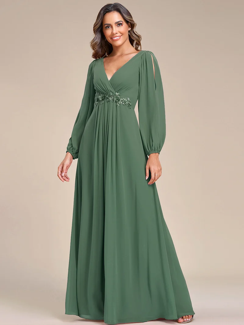 ever AMOUR|Robe de Soiree Longue Elegante Avec Lanterne en V Profond a Manches Fendues et Appliques