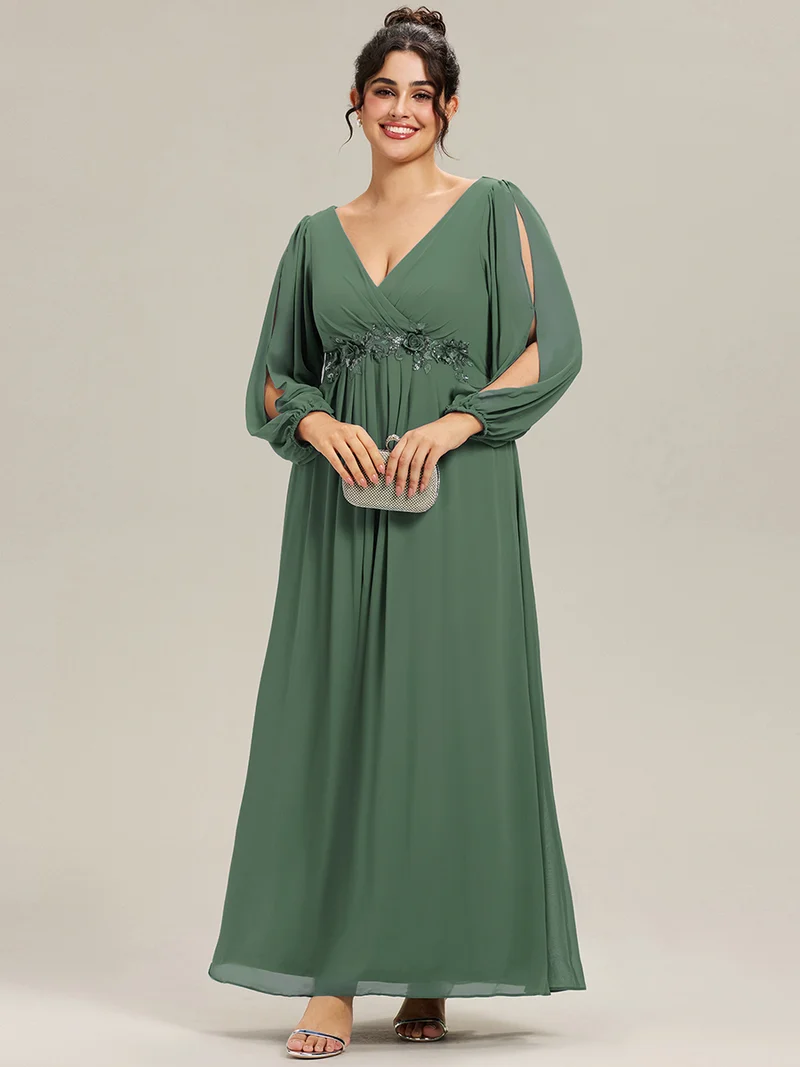 ever AMOUR|Robe de Soiree Longue Elegante Avec Lanterne en V Profond a Manches Fendues et Appliques