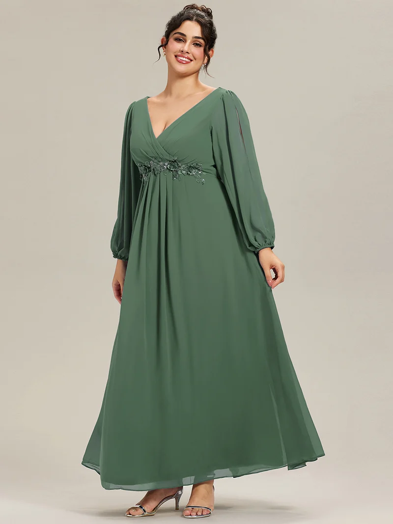 ever AMOUR|Robe de Soiree Longue Elegante Avec Lanterne en V Profond a Manches Fendues et Appliques