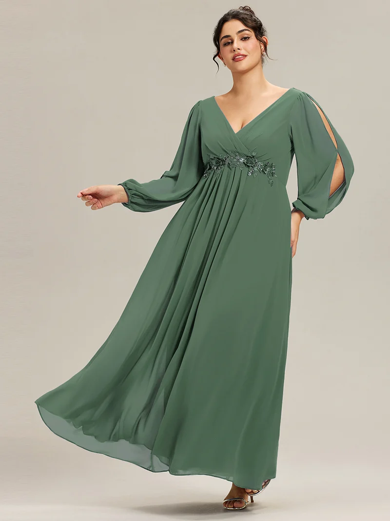 ever AMOUR|Robe de Soiree Longue Elegante Avec Lanterne en V Profond a Manches Fendues et Appliques