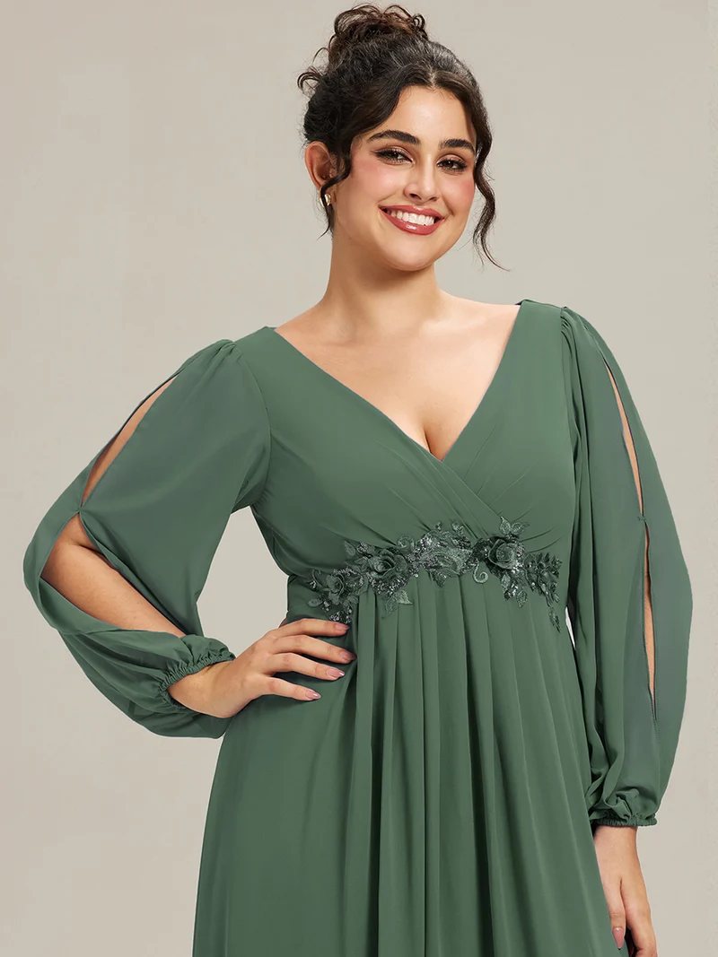 ever AMOUR|Robe de Soiree Longue Elegante Avec Lanterne en V Profond a Manches Fendues et Appliques