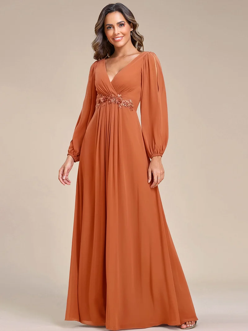 ever AMOUR|Robe de Soiree Longue Elegante Avec Lanterne en V Profond a Manches Fendues et Appliques