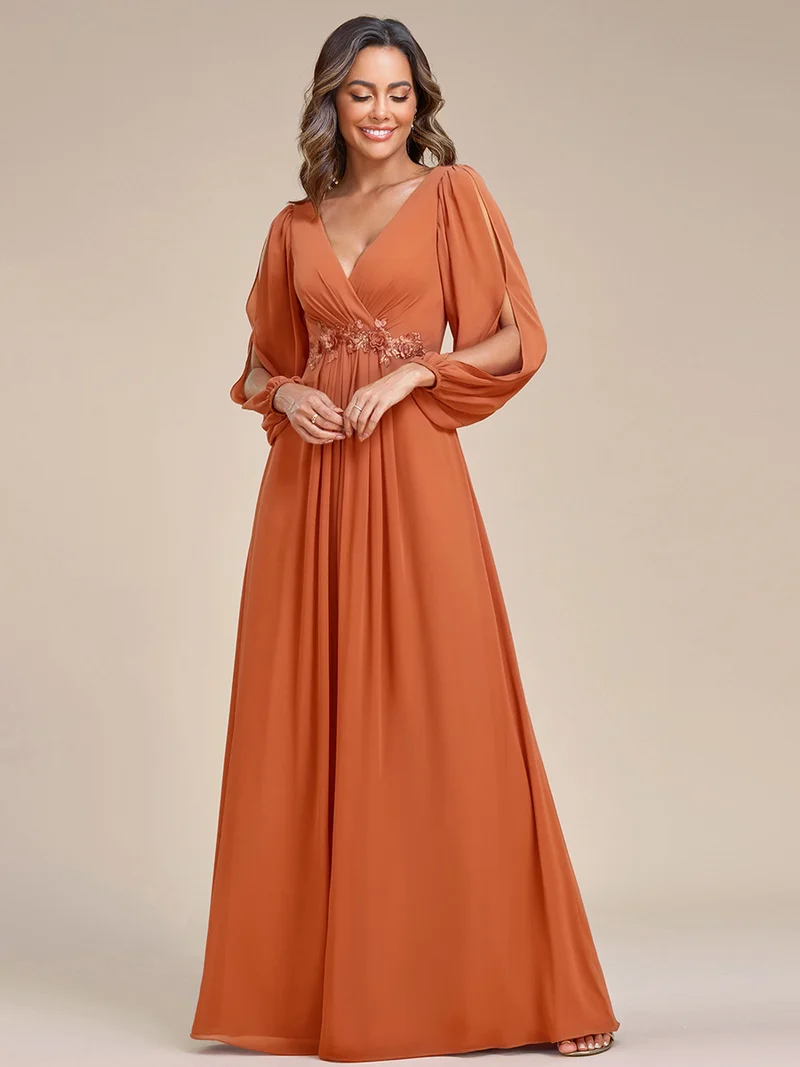 ever AMOUR|Robe de Soiree Longue Elegante Avec Lanterne en V Profond a Manches Fendues et Appliques